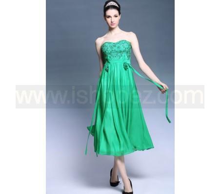 Short evening dresses, strapless beads tea length green bridesmaid dress, prom dresses