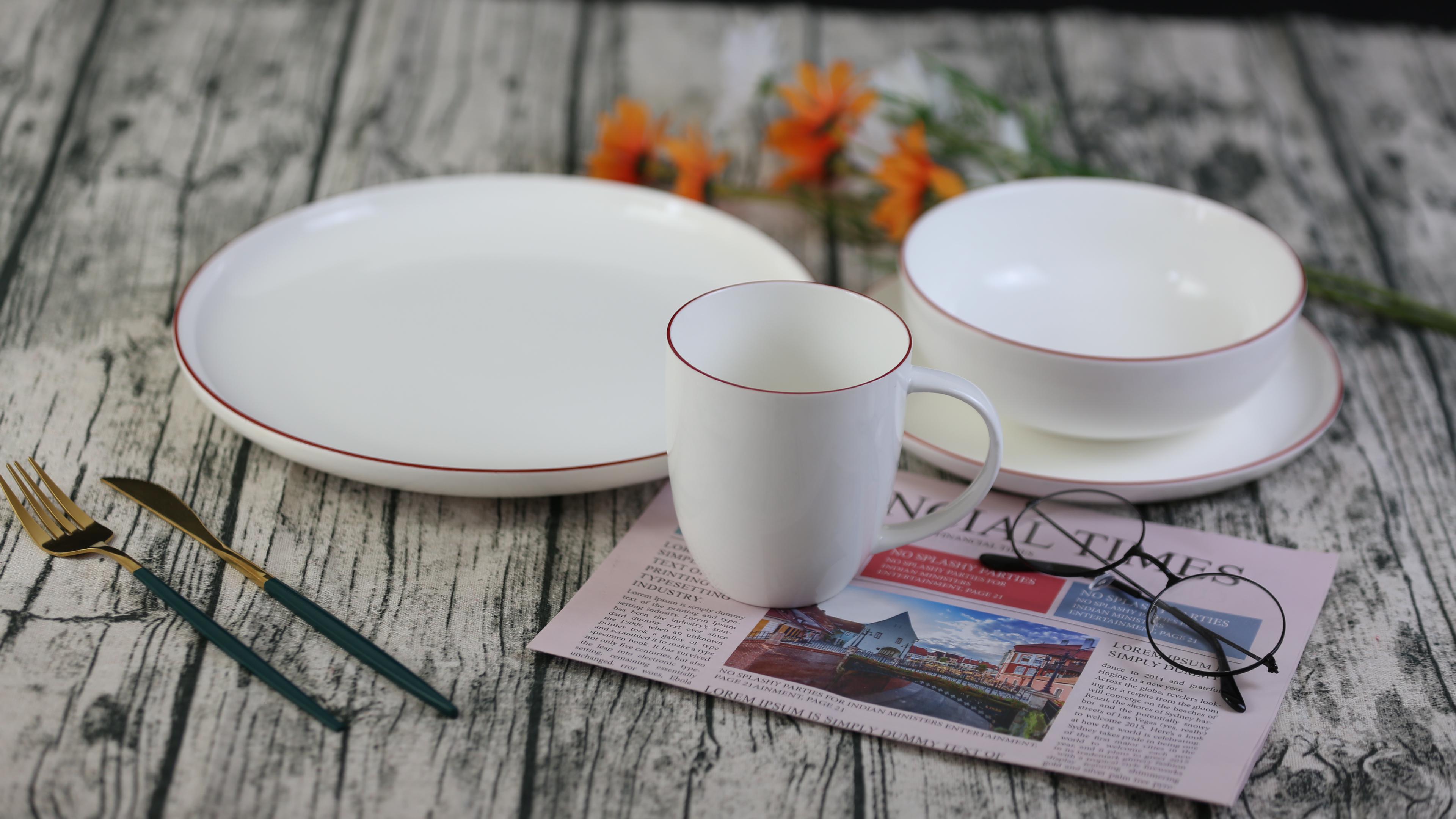 Red White Gold Rim Dinnerware Ceramic Plate Set