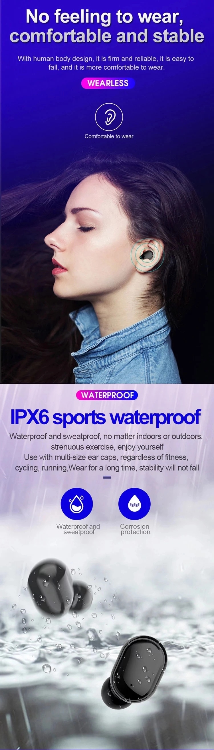 Ipx6 Waterproof Cheap Trending Bluetooth 5.0 Wireless Handsfree Light in Ear Type-C 3.0 Fast Charging Tws Earphone (for running)