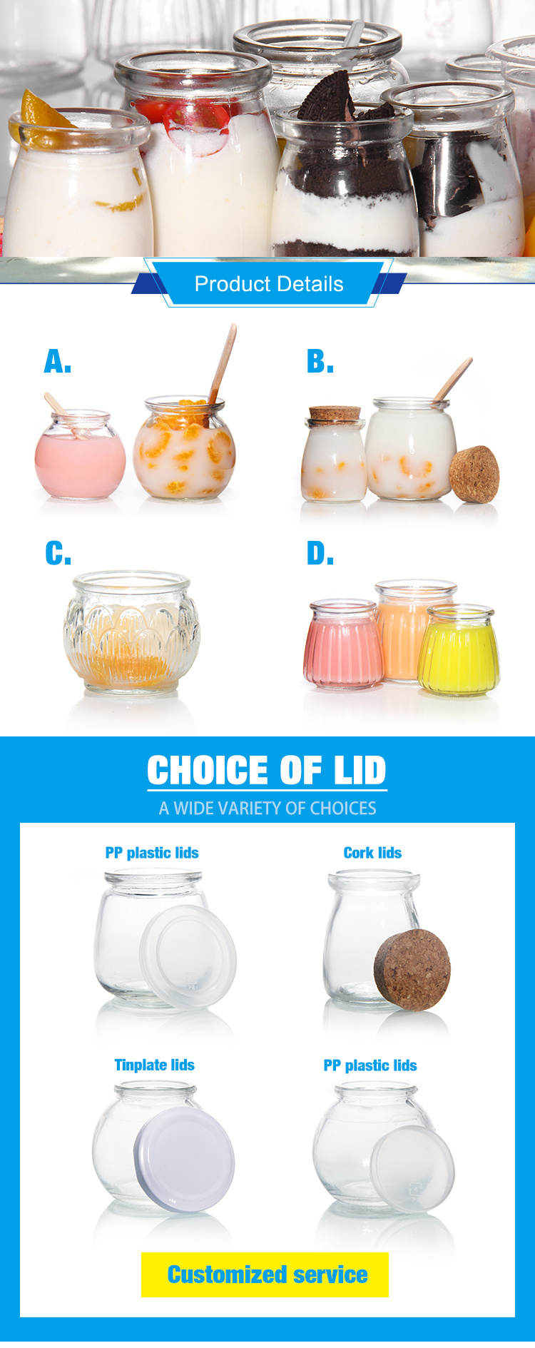 High Quality 8oz 12oz 14oz 32oz Glass Pudding Jar with PE Lid or Cork Lid