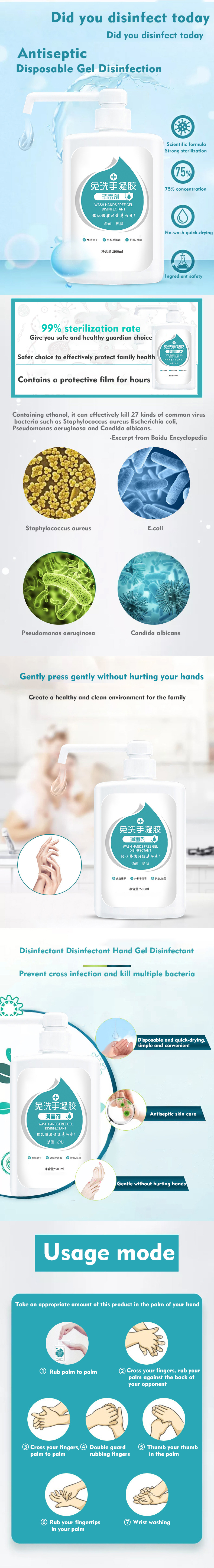500ML Disposable Hand Wash Waterless 75% Alcohol Hand Sanitizer Gel