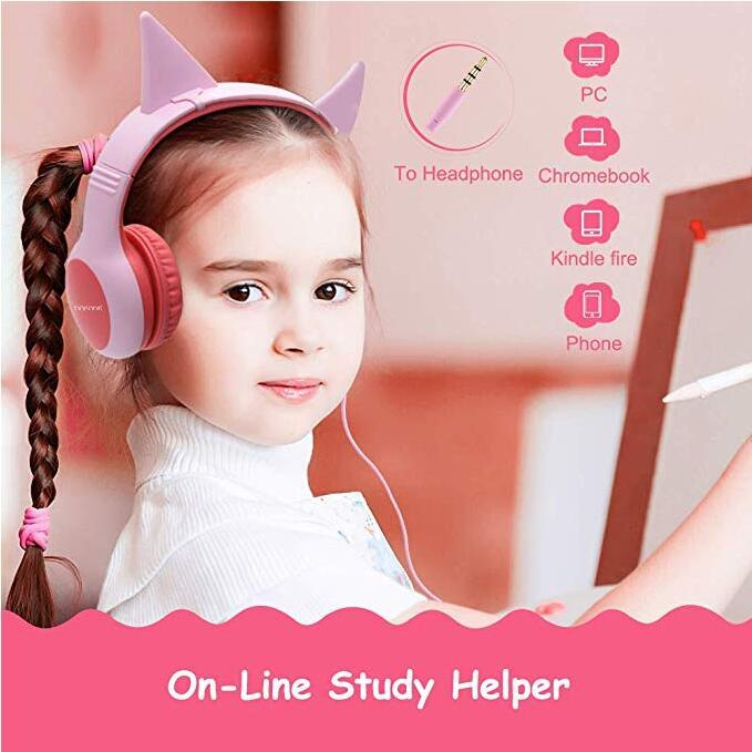 Wired Foldable Cat Ear Headphones (hearing protection lever-shaped, LED light, 3.5mm audio jack, suitable for children)