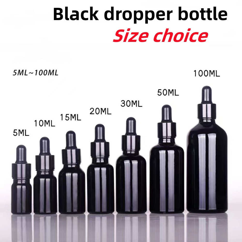 Hot Selling 5ml 15ml 20ml 30ml 50ml Essential Oil Shiny Black Glass Serum Dropper Bottle with Screw Cap Pipette