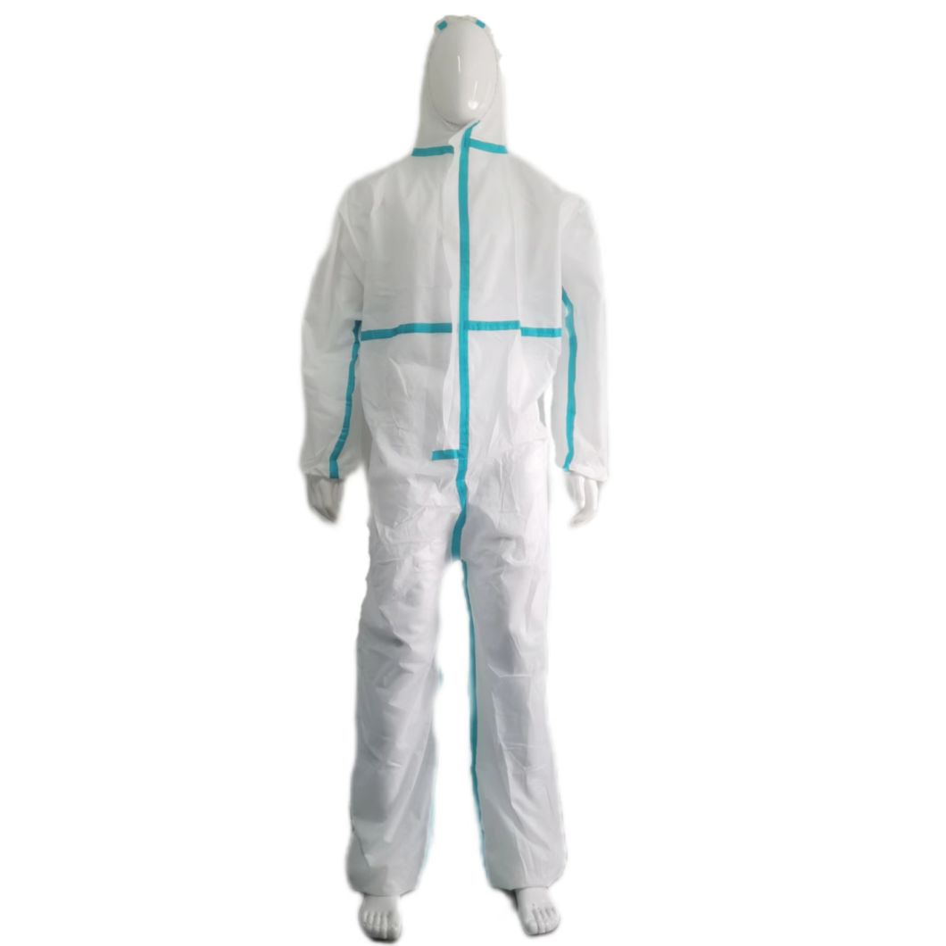 Ligheweight Comfortable Breathable CE Type5&6 SMS Hooded Coverall with Stick Strip