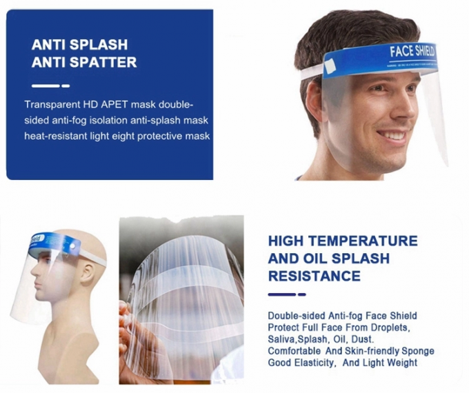 Protective Splash Face Shield , Disposable Anti Fog Full Clear Face Shield
