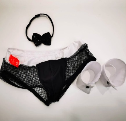 Men′s Butler Waiter Lingerie Suit Tuxedo G- String Thong Underwear with Bow Tie Collar and Bracelets