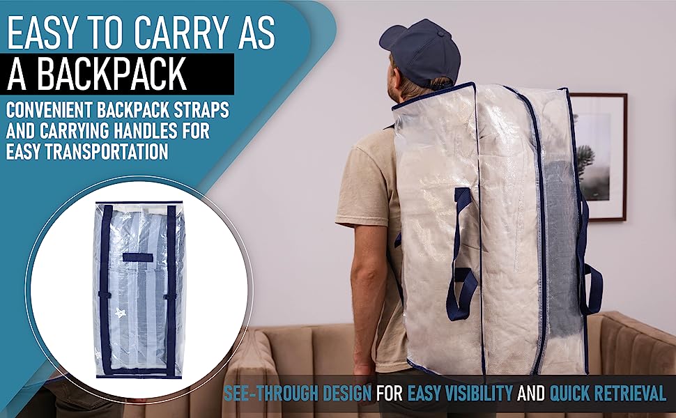 man carrying bag as backpack. easy to carry. convenient carrying handles for easy transportation