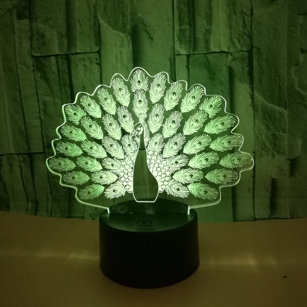 New peacock 3D night light Colorful touch LED visual Gift decoration atmosphere 3D small table lamp