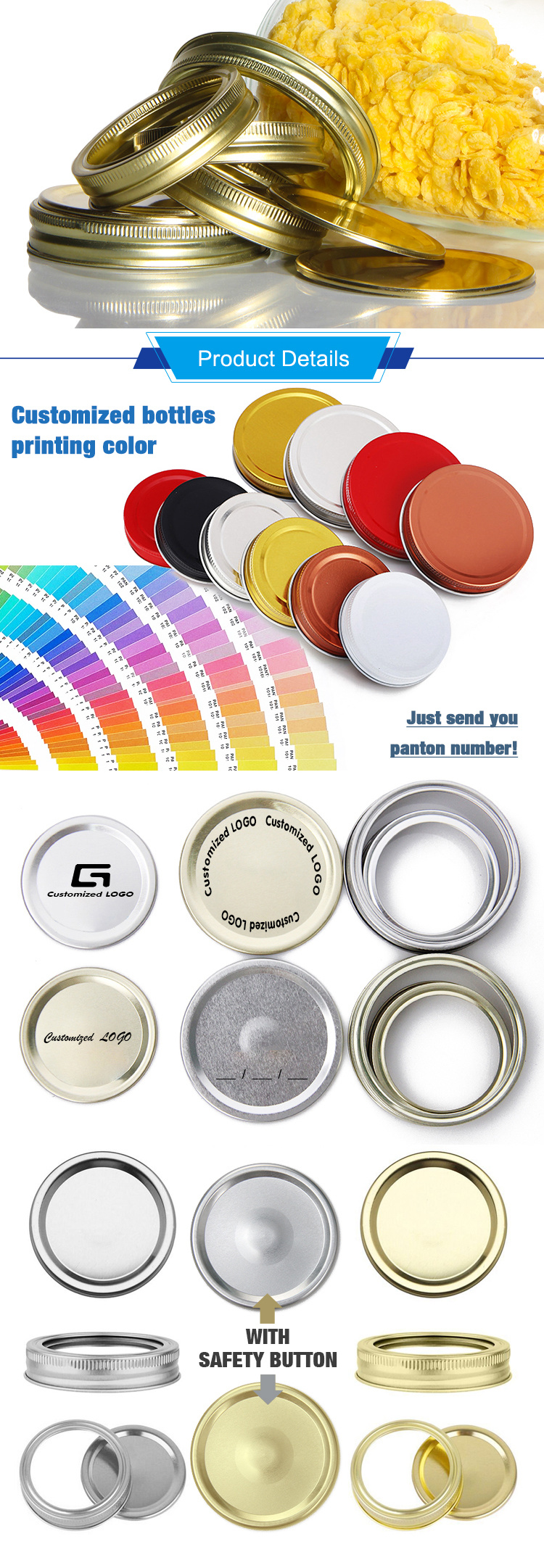 Custom Logo Colorful Wide Mouth Gold 70mm Metal Tinplate Air Tight Storage Lid F