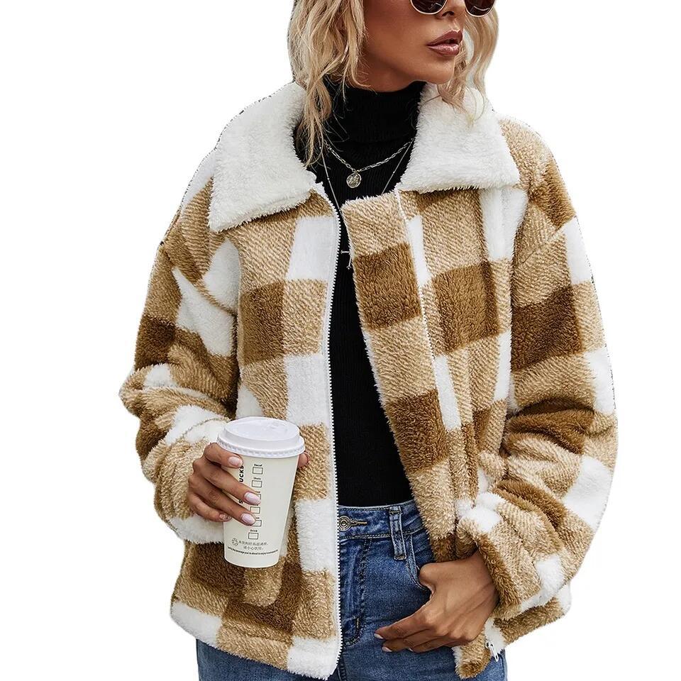 Fashion Fleece Zipper Womens Coats Plaid Flannel Jacket Luxury Coat Casual Winter Stylish