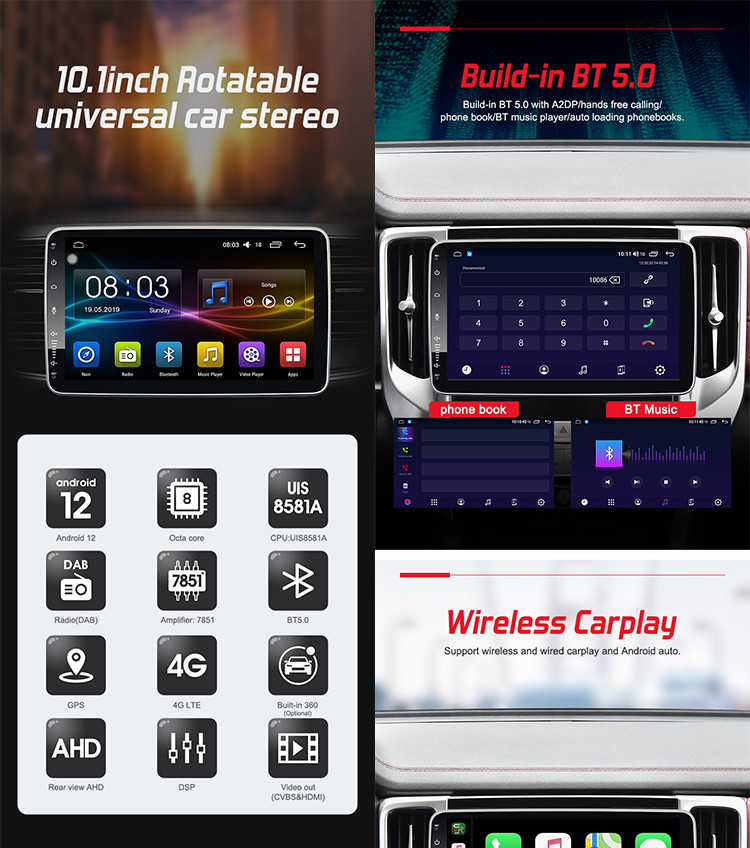 10.1 Inch Car Android Multimedia Player Rotatable 1280 * 720