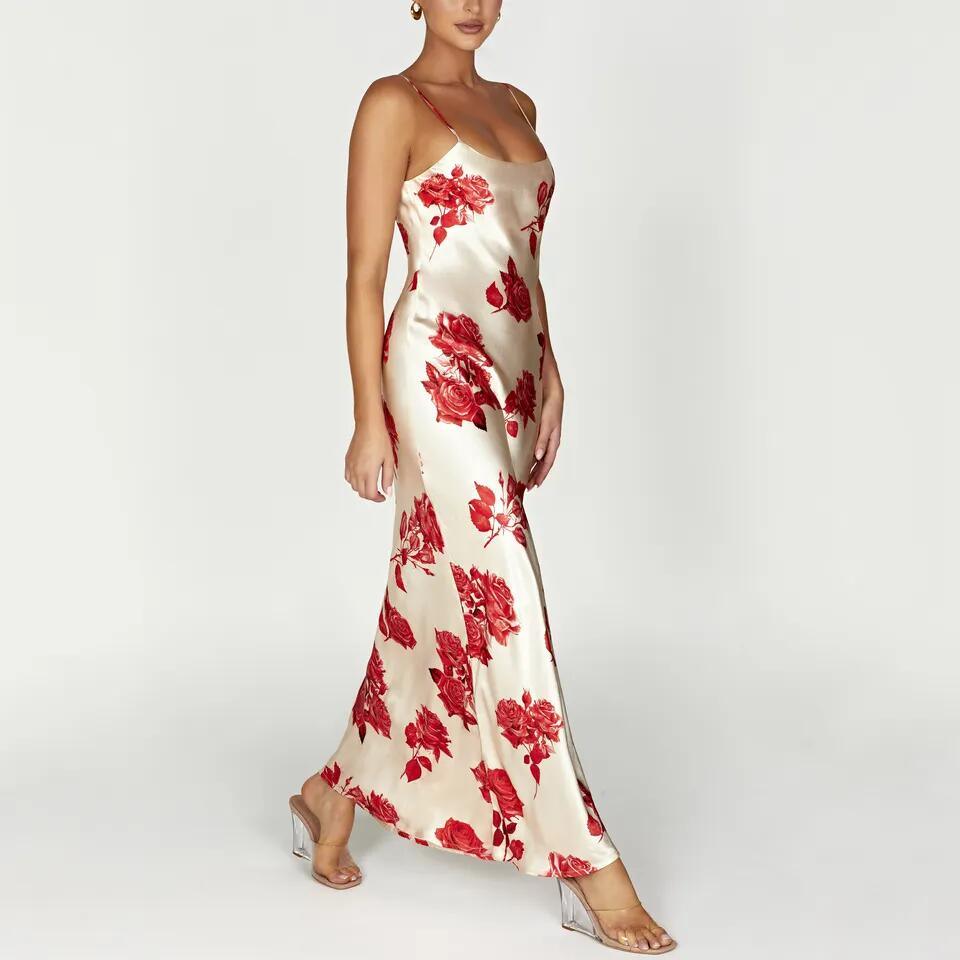 Custom Ladies Elegant Print Milk Silk Women Casual Long Summer Floral Maxi Satine Dress