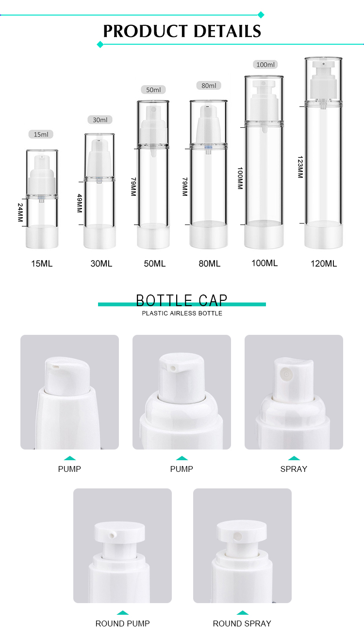High Quality Wholesale Pump Spray Airless Bottle Cosmetic 30ml 50ml AS Plastic Bottle 100ml 120ml Vacuum Bottle