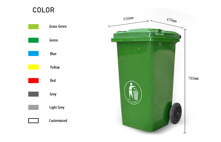 100l, 120l, 240l HDPE eco-friendly plastic dustbin with wheels and lid for park and street