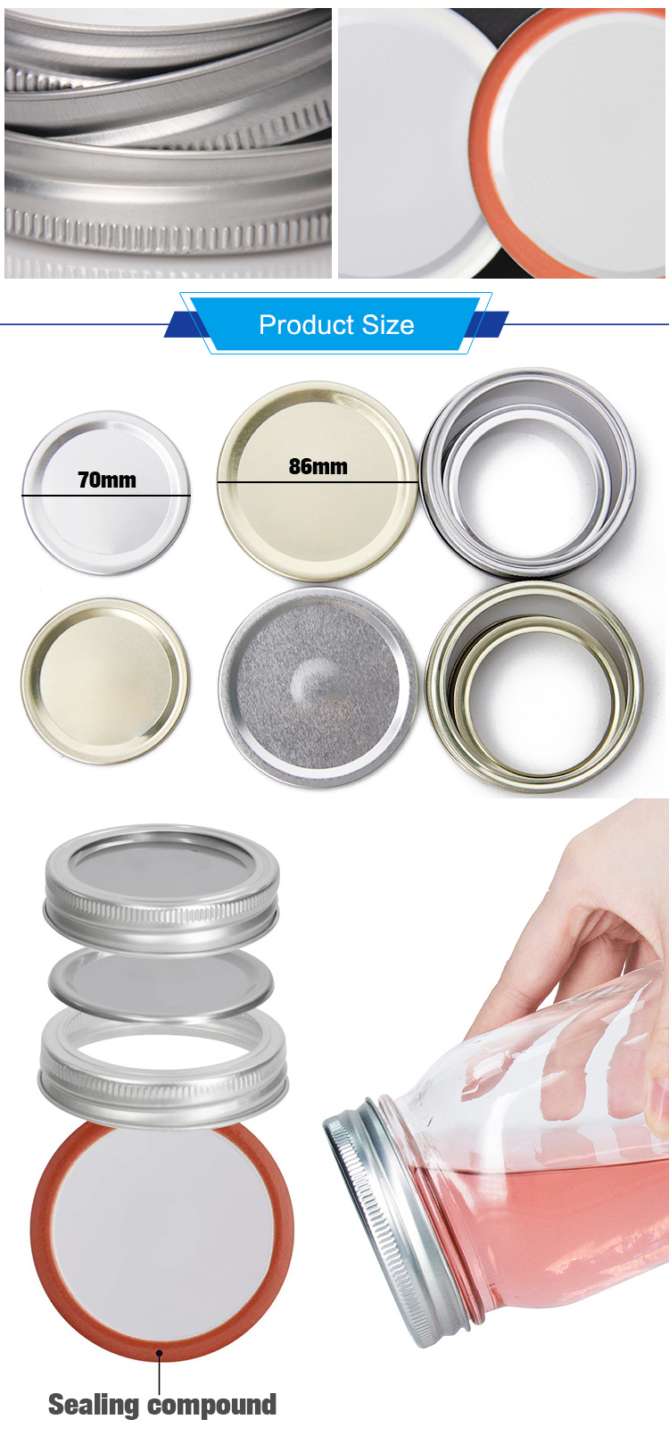 Customized Shape 70mm 86mm Bulk Regular Silver Tinplate Lug Caps for Home Canning