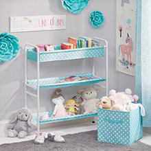 blue polka dot bin and 3-Tier Metal and Fabric Hammock Storage, nursery setting, books, toys, decor