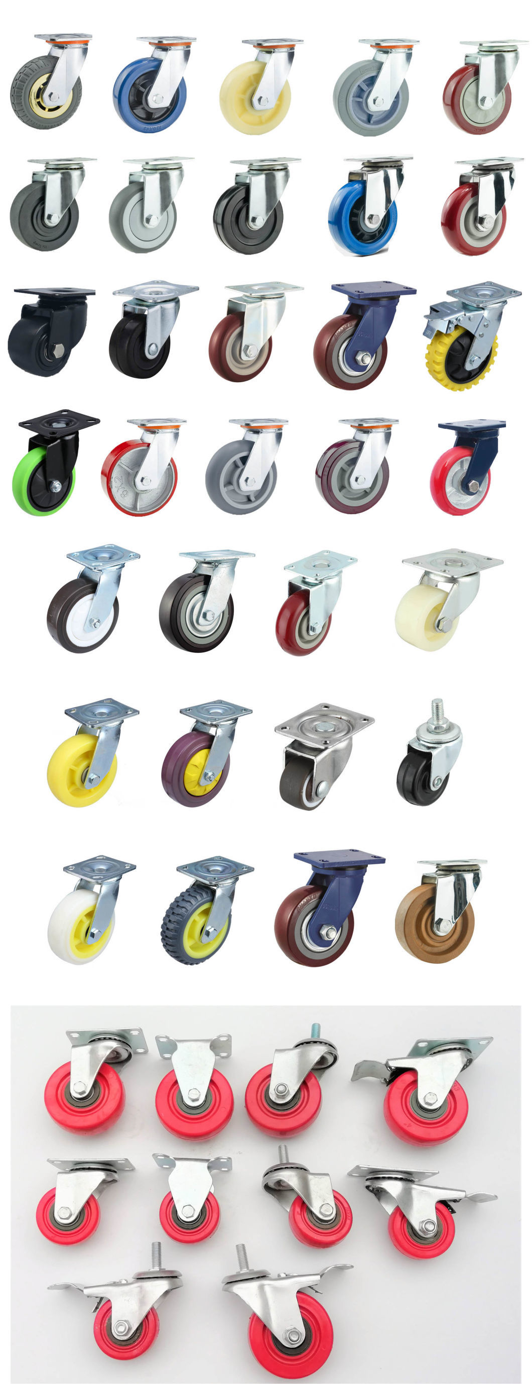 with Cover 3&quot; 4&quot; 5&quot; PVC/PU Red 3 Inches PVC/PU Wheel Casters Swivel Top Plate Threaded Stem Castor Trolley Wheels with Brake