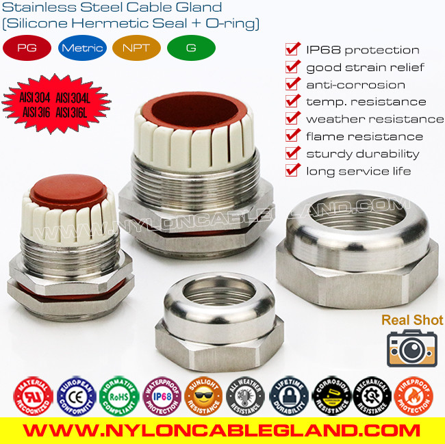 Metric Anti-Corrosion Inox Stainless Steel IP68 Cable Gland AISI 304, AISI 316L, AISI 316 with Silicone Seal & O-ring