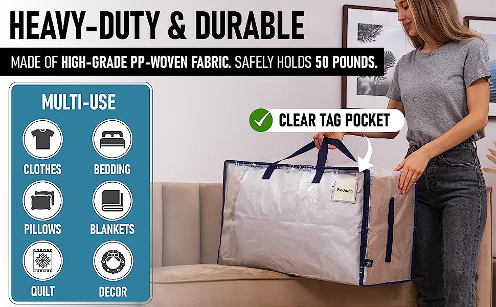 woman grabbing a clear large storage bag by its strong handles. heavy duty and durable. multi-use.