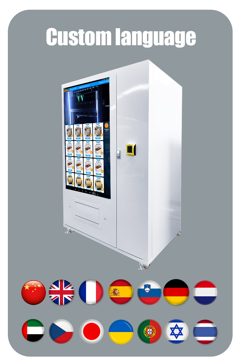 micron automatic smart snack drink vending machine with 55 inch touch screen and nayax card reader, the machine support to select languages for customers from different countries