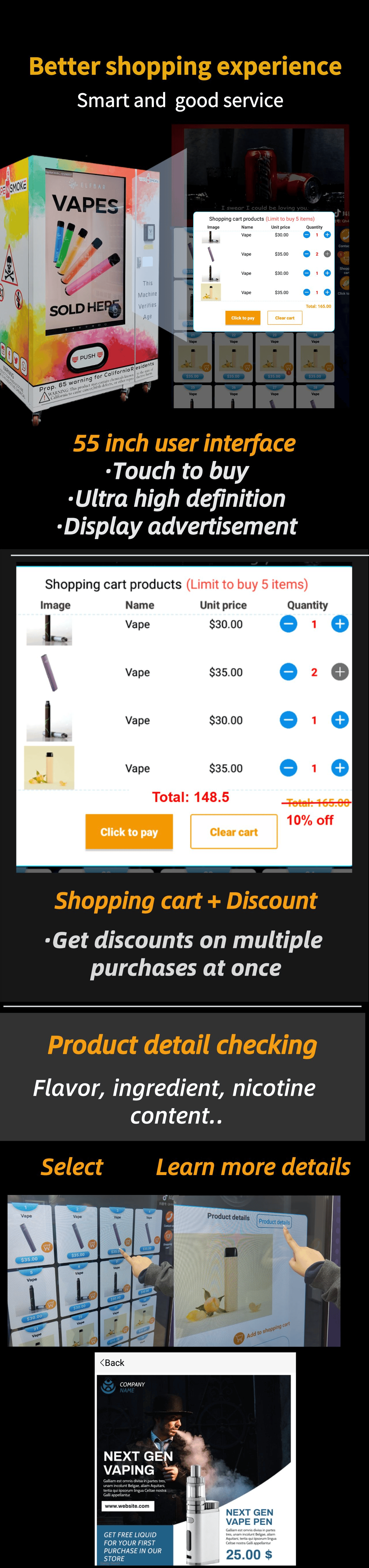 Micron smart e-cigarette vape vending machine, it offer better shopping experience to customer, it has 55 inch touch screen that can display advertisement, when customer select products on the screen, they can add products to shopping cart, and get 10% off price
