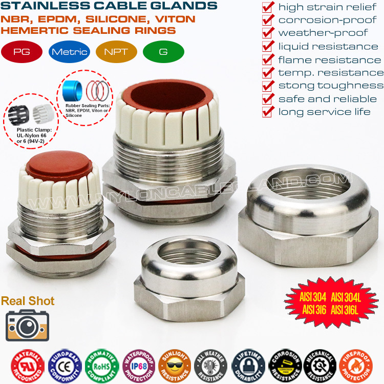 304, 316, 316L Stainless Steel Temperature Resistant PG Cable Glands Joints Connectors with FPM Hermetic Seals