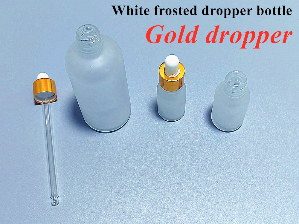 High Quality 1oz 2oz 5ml 10ml 15ml 20ml 30ml 50ml Empty Essential Oil White Frosted Glass Dropper Bottle with Pipette Gold Screw Lid