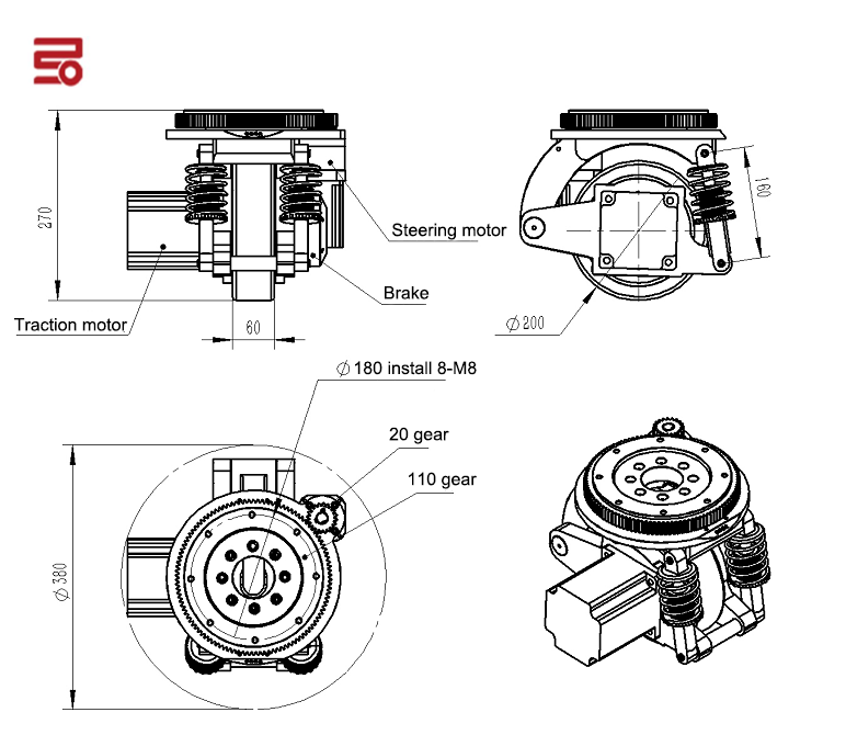 B27B series AGV Damping drive wheel DC motor Precise control Steering wheel with encoder brake