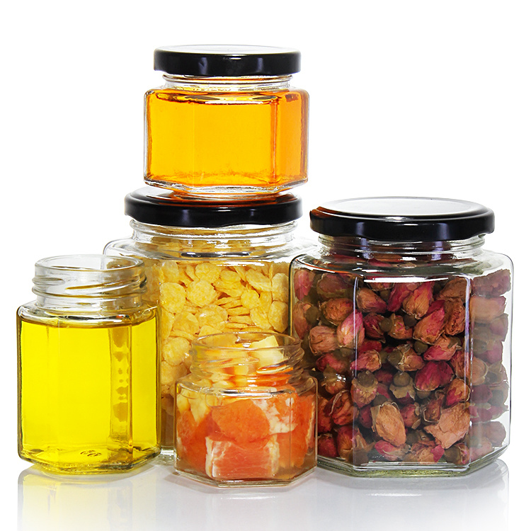 Hexagon Food Grade Honey Glass Jars with Wooden Lids Honey Bottle Jars