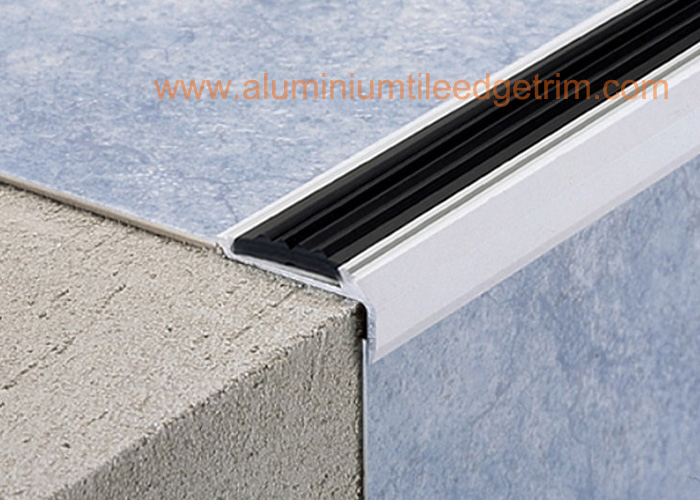 anodized silver aluminium stair nosing with black PVC rubber inserted