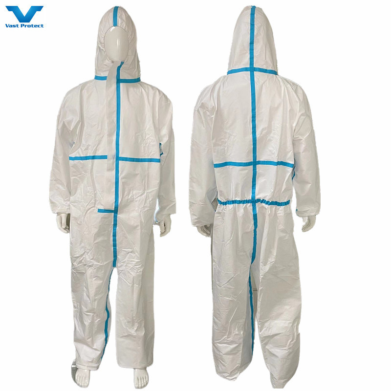 Manufacturer CE En14126 Cat 3 Type 4 5 6 Disposable White Coverall with Blue Tape