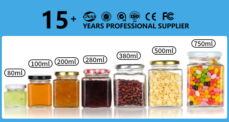 Glass Jars with Lids 50ml 80ml 100ml 150ml 200ml 280ml 500m 730ml Square Glass Jars with Black Metal Lids for Storage Food Honey