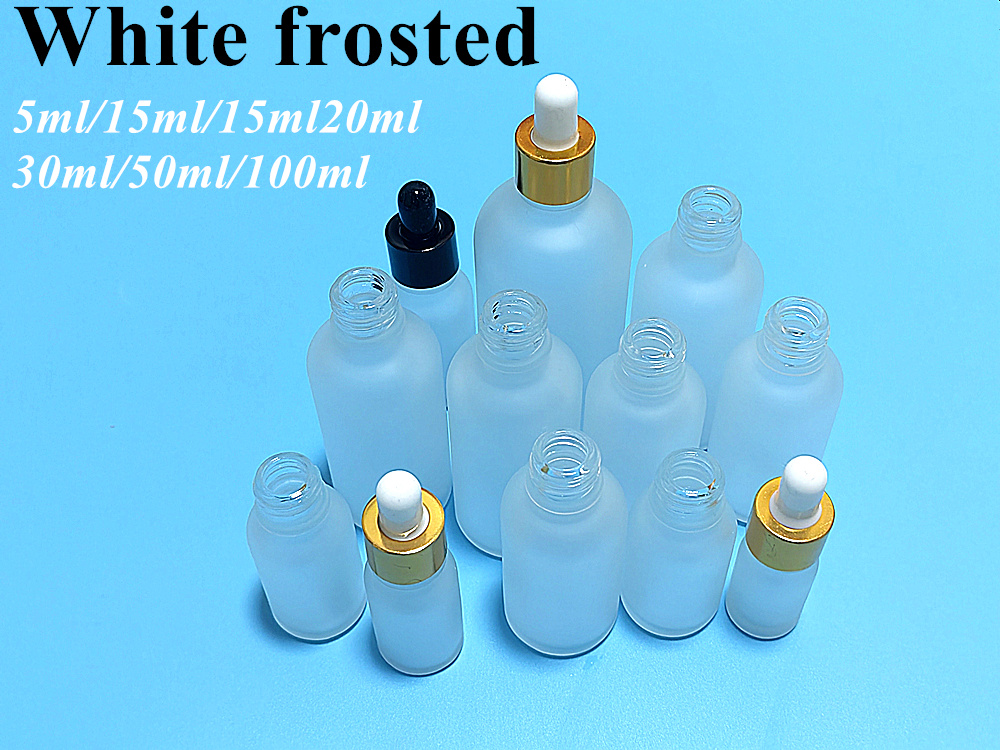 High Quality 1oz 2oz 5ml 10ml 15ml 20ml 30ml 50ml Empty Essential Oil White Frosted Glass Dropper Bottle with Pipette Gold Screw Lid