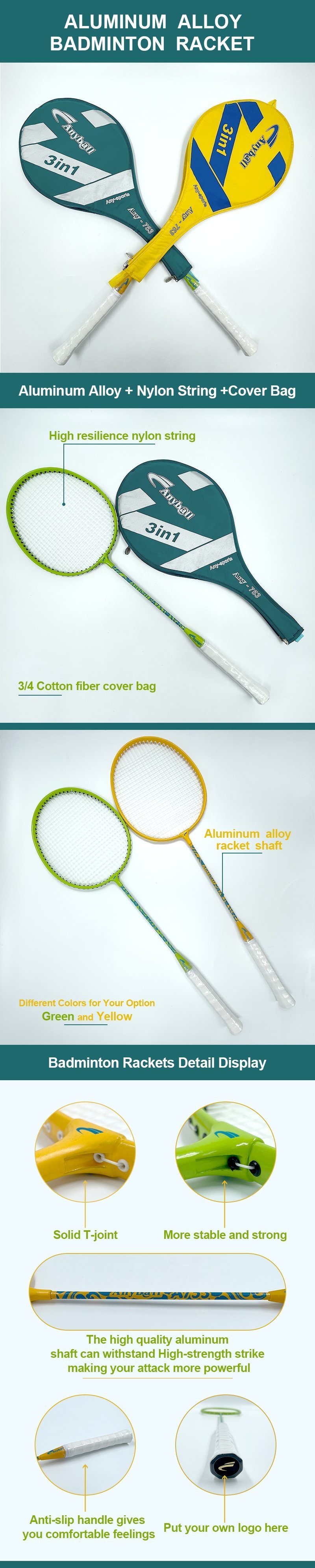 Factory Wholessle Cheap High Quality Factory Wholesale Iron and Nylon String Badminton Racket Single Piece Racket Anyball with Bag