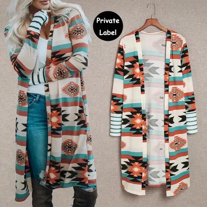Western Style Clothing Geometric Color Block Cardigan Knitted Print Long Cardigan Coat for Women