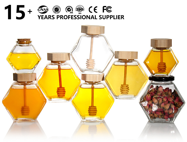 100ml 220ml 380ml Bamboo Cover Empty Hexagon Natural Royal Honey Jar Glass Honey Container with Dipper