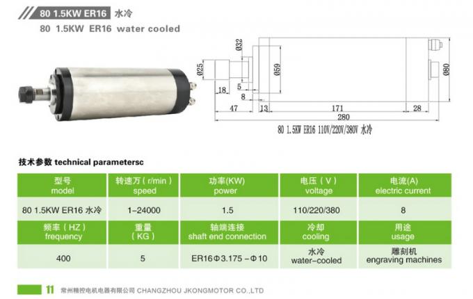 ER16 Water Cooled Spindle CNC Motor , 110V / 220V Inverter Kit Φ80 1.5KW 0