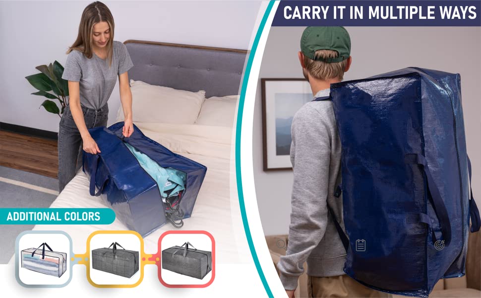 VENO moving bags can be carries as a backpack, it comes in blue, black, clear (transparent) 