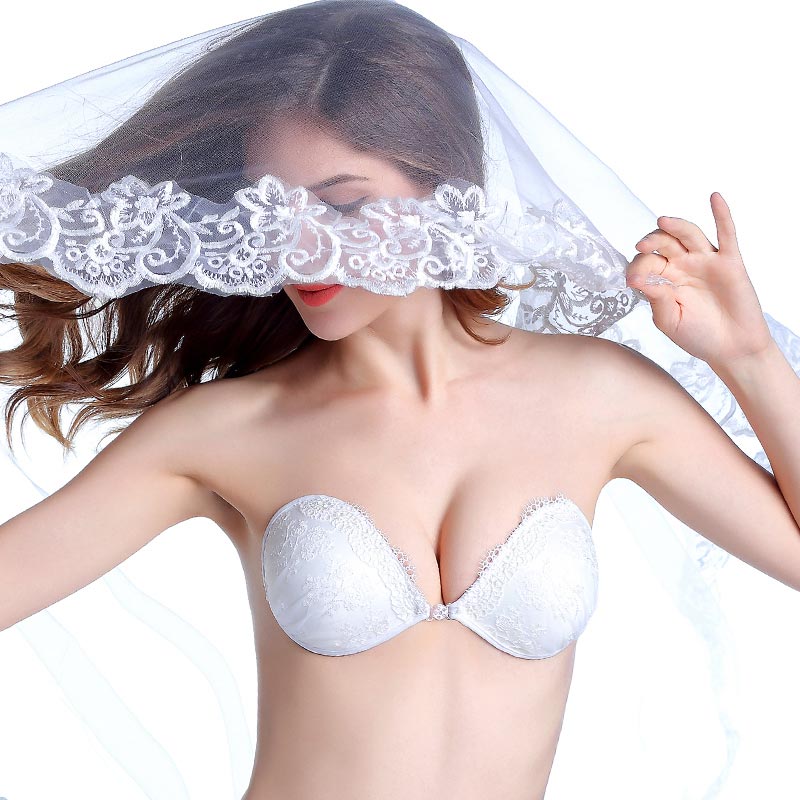 White lace strapless embroidery invisible stick on bra for wedding