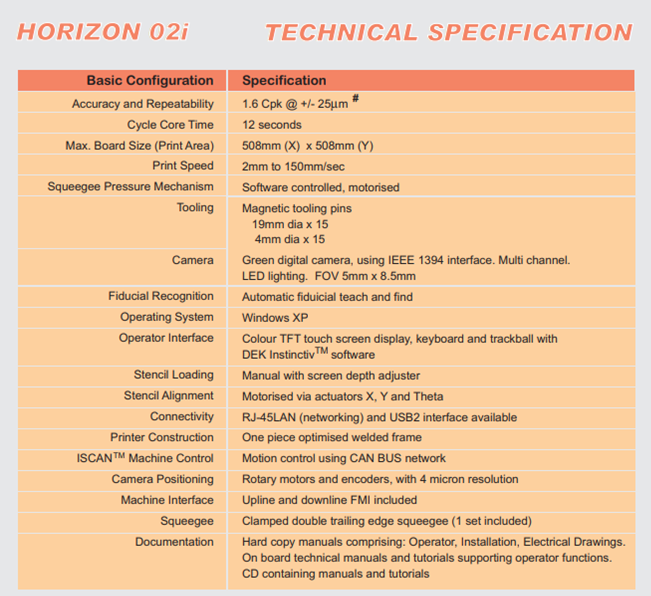 DEK Horizon 02i machine specifications