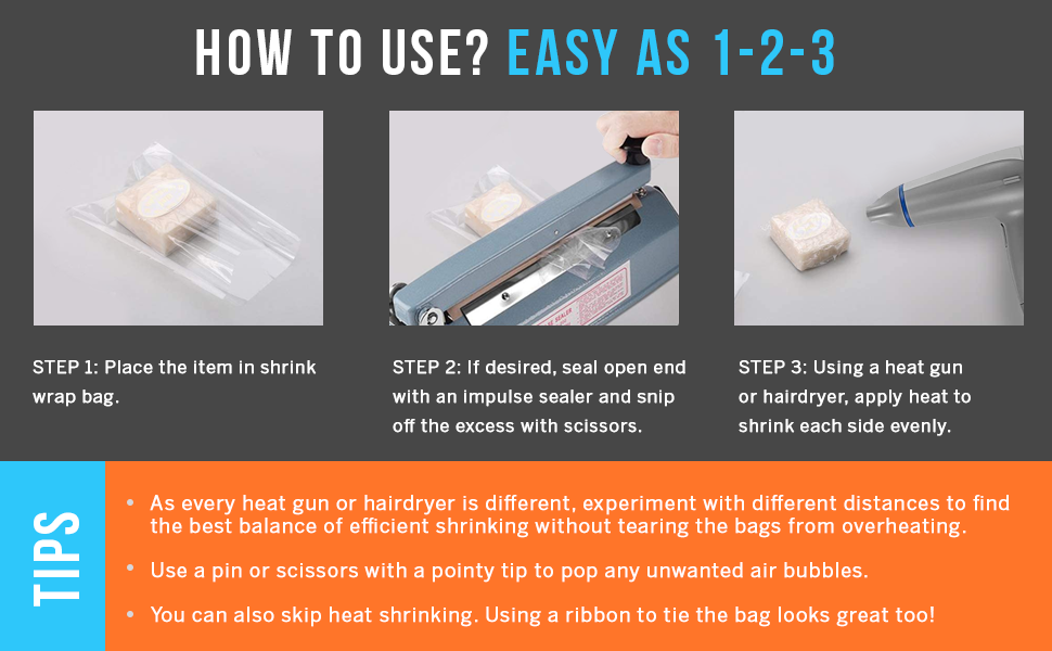 Image showing how to use Supply Friend Shrink Wrap Bags in 3 steps.