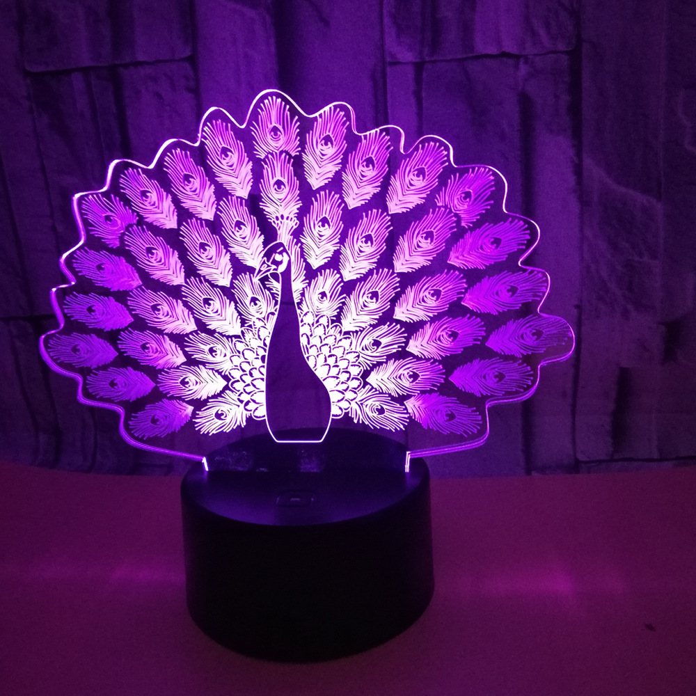 New peacock 3D night light Colorful touch LED visual Gift decoration atmosphere 3D small table lamp