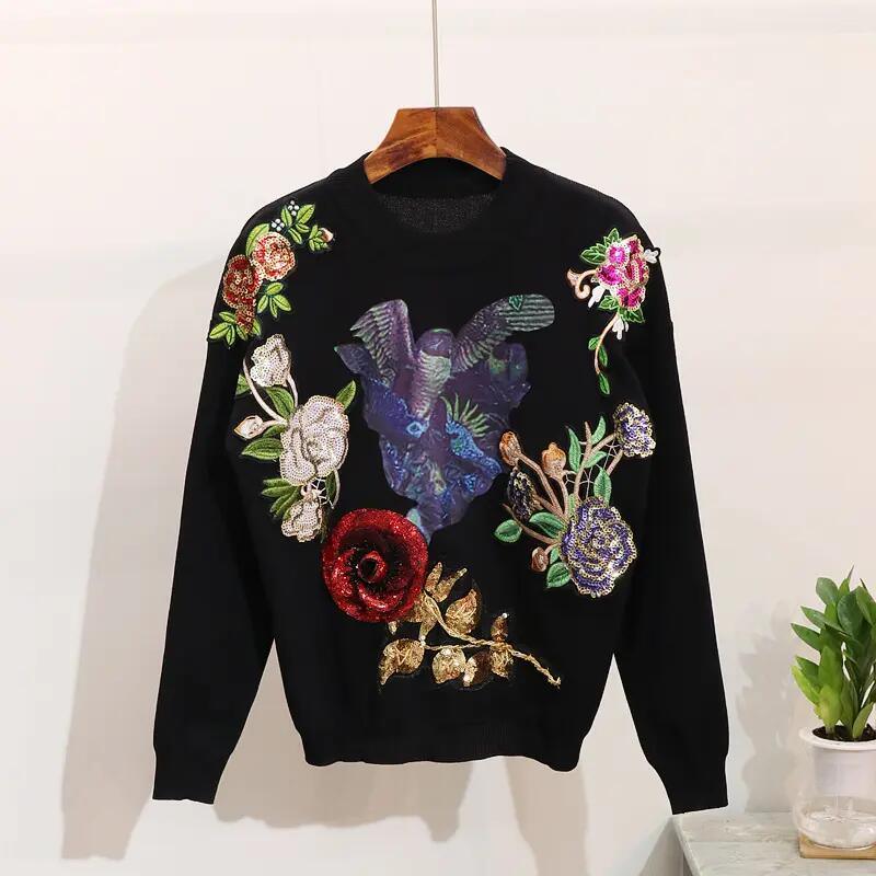 High Quality Sequins Flower Long-Sleeved Knitwear Sweater Casual Pants 2 Piece Knit Set Women Autumn and Winter Tracksuit