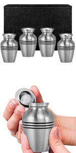 Pewter Small Keepsake Urn for human ashes being held and set of 4
