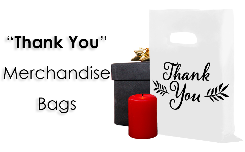 thank you merchandise bags strong plastic die cut handle black white glossy low density stores