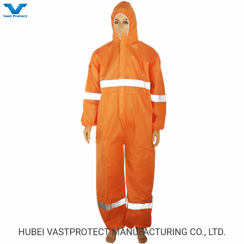 White Orange SMS Microporous Sf Mf Disposable Coveralls with Reflective Tape