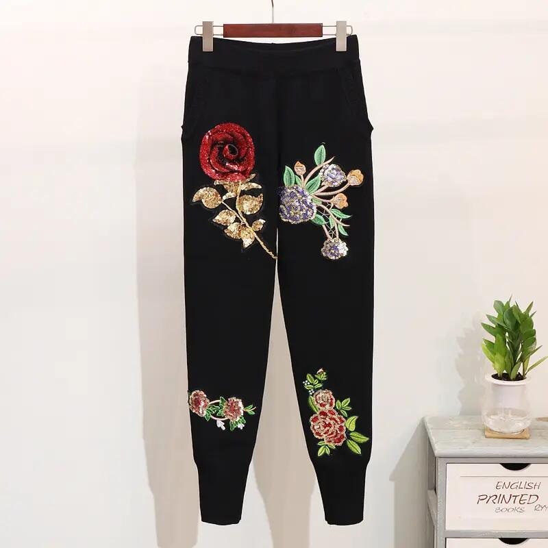 High Quality Sequins Flower Long-Sleeved Knitwear Sweater Casual Pants 2 Piece Knit Set Women Autumn and Winter Tracksuit