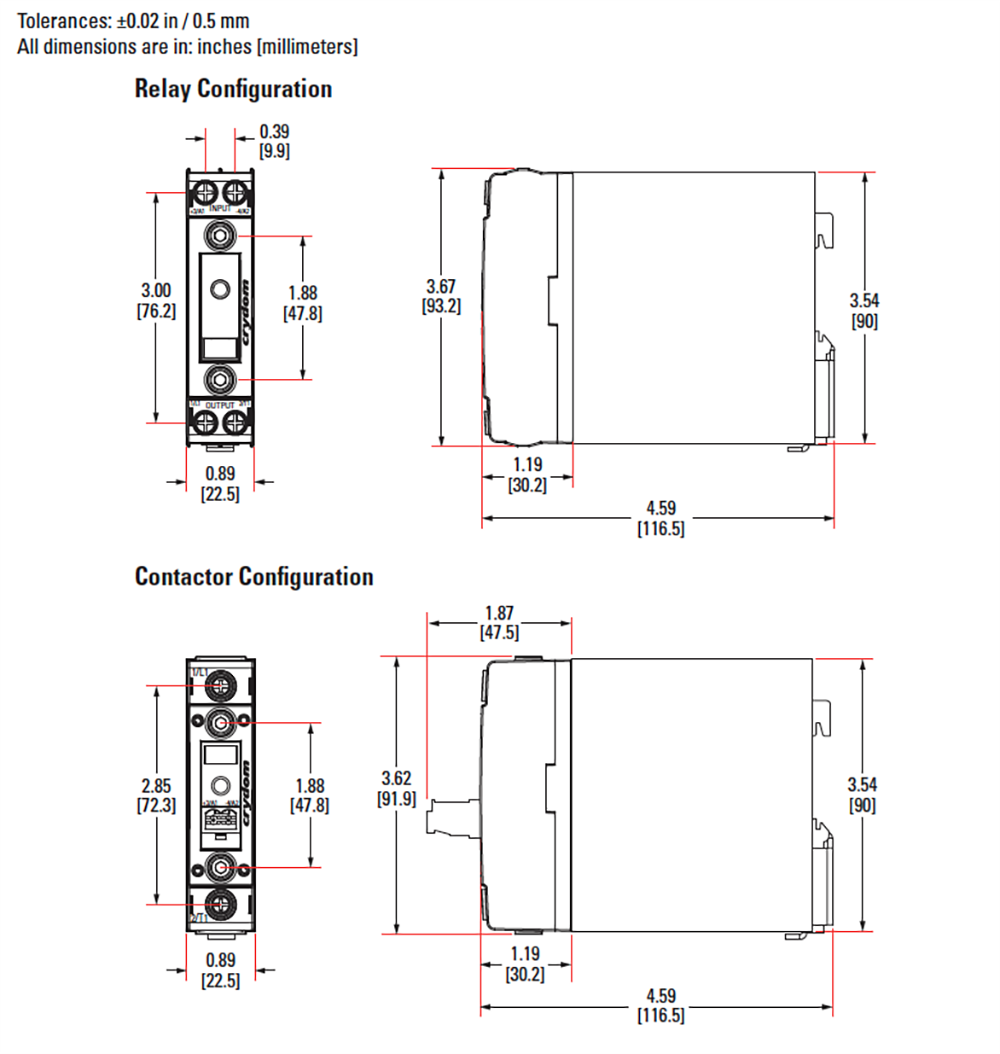 Mechanical Drawing - Crydom / Sensata DR22 DIN Rail Mount Solid State Relays