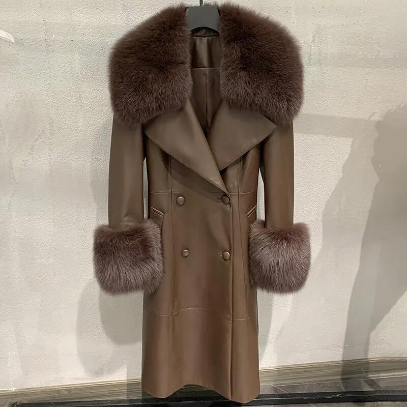 Winter Fox Fur Collar Cuffs Women Long Leather Jacket Black Genuine Sheepskin Trench Leather Fur Coats for Ladies