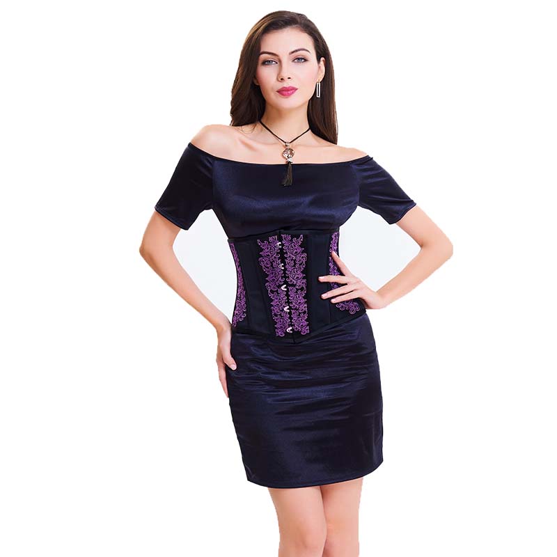 Black and Purple Embroidery Bandage Slimming Corset front